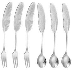 Pinenjoy 6피스 깃털 손잡이 스푼 포크 세트 16cm(6.3인치) 18/10(304) 스테인리스 스틸 플랫웨어 커피 차 디저트 아이스크림 애피타이저 과일용, Pinenjoy 6피스 깃털 손잡이 스푼 포크 세트 1