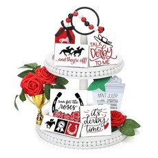 Vicenpal 13피스 더비 경마 테이블 장식 사인 나무 탑 센터피스 계층형 트레이 장미 인공 꽃 골드 플라스틱 트로피 비즈 화환 태슬 포함 홈 선반 주방용 225555