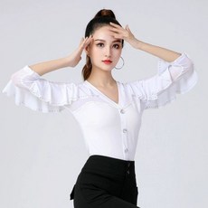 긴팔 라틴 댄스복 연습복 여성 왈츠 상의 공연복 프릴