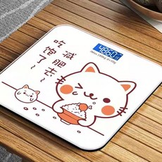 Lai生活館 卡通圖案體重計 LCD夜視螢幕 鋼化玻璃 溫度顯示, 1個, 貓款吃飽了