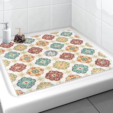정사각형 샤워 매트 Yonala 61 x 61cm(24 x 24인치) 세련된 미끄럼 방지 샤워 매트 중앙 배수 구멍이 있는 내부 샤워용 부드럽고 다듬을 수 있는 PVC 수, 레트로 보헤미안