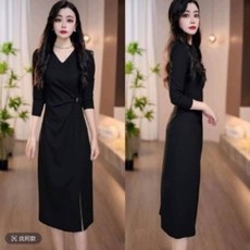 連衣裙洋裝中老年女裝春秋新款長袖連衣裙秋裝中年媽媽禮服連身洋裝媽媽裝寬鬆休閒連身裙中年女裝優雅風修身中長款連衣裙, 黑色