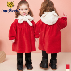 mollimelli 女童羊印花燈芯絨連帽連衣裙