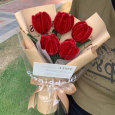 소소온 핸드메이드 모루 꽃다발 완성품 기념일 조화 선물, 레드, 1개