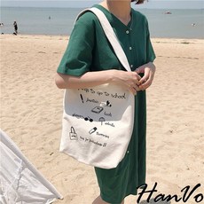 HanVo 學院風塗鴉帆布包 - 韓國百搭大容量手提包 通勤上課包 - 女生帆布包 C05-1073