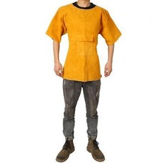 下殺價 焊工 防護罩衣 牛皮 防燙電焊工作服耐高溫防輻射皮圍裙隔熱防護服, T黃色拼皮無領半袖85厘米,XXL, 1個
