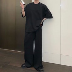 ORZQU 여름 남성 세트 라운드 반팔 티셔츠 와이드 일자 와이드 팬츠 투피스