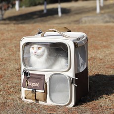 먀오샤오위안 대형 캔버스 반려동물 이동 가방 2in1 - 백팩+캐리어 통기성 우수 휴대용 멀티펫 여행 캐리어 (강아지 고양이), 1개, 베이지-브라운