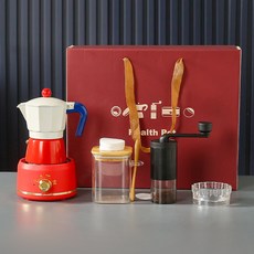 咖啡壺禮盒套裝，操作簡單，精巧設計不佔空間，在家輕鬆享受專業咖啡, 大礼盒版【典藏大红摩卡壶6件套装】, AL743677999376