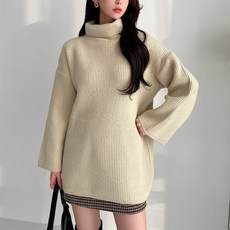 뜨개진 여성용 오버핏 도톰 골지 터틀넥 니트 셀리넬 원피스