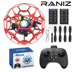 RANIZ 축구공 미니 드론 풀커버 보호가드 스마트 호버링 원터치 이착륙 360도 롤링 LED 무선조종, 1개, 붉은색