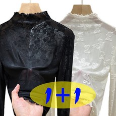 1+1 여성용 데일리 반폴라 망사 이너티 슬림 긴팔 레이스 긴팔 티셔츠