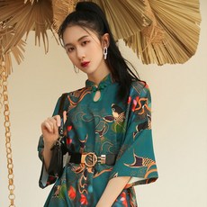 綠色改良版旗袍 民國風素雅復古文藝學生裙, 052,S, 1個