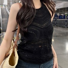 투니스 여성 홀터넥 탱크탑 슬림핏 펀칭 니트 민소매 티셔츠
