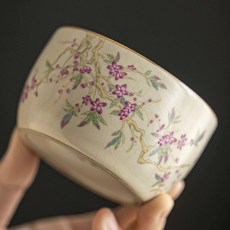 古汝 黃汝窯 主人杯 粉桃花 開片可養 金絲鐵線 容量150ml, 如圖所示, 1個