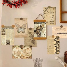 ins風墻面裝飾 美式復古靈感明信片，無粘性蝴蝶花卉手賬素材，30張裝飾卡片, 1個, 復古圓點貼紙48枚【隨機】,明信片送復古圓點貼32枚