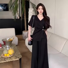 여름 여성 패션 고급 투피스 세트 캐주얼 데일리룩 오피스룩 반팔티+바지 투피스 빅사이즈 루즈핏 반팔티 와이드팬츠 세트