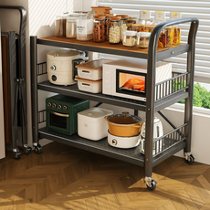 GOOD MOMENT 주방용 접이식 이동식 수납 전자레인지 선반 3단 트롤리 테이블, 블랙