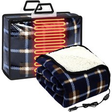 Riakrum 12v 온열 자동차 담요 전기 담요 2단계 난방 레벨 담배 라이터 소켓 보관 가방 세탁 가능 트럭 SUV RV 캠핑 겨울 추운 날씨용 147.3 x 109., 네이비 블루 격자 무늬
