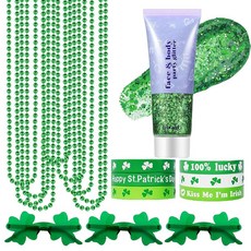 19피스 성 패트릭의 날 액세서리 파티 선물 세트 | 토끼풀 그린 페이스 & 바디 글리터 메이크업 안경 목걸이 및 팔찌 아일랜드 스로우 메이크업 드레스 업 코스튬 장식, 초록색