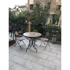 유럽식 철제 야외 테이블 의자 3종 세트 - 원형 모자이크 탁자 포함, D. 블랙 투폴딩+테이블(80cm)