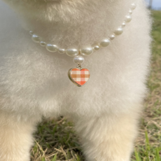 데뎅 반려동물 고급진 수제 체크 하트 진주 목걸이, 오렌지, 1개