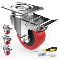 COOWOO 2인치 캐스터 4개 세트 바퀴 브레이크 포함 높은 내구성 단독 내하중 100kg 360도 회전 조용한 음소거 시리즈 DIY 가구 교환 키트 휠 직경 50mm 레드, 4, 50mm 빨강
