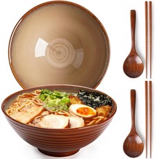 NUTRIUPS 20.3cm(8인치) 세라믹 라면 그릇 2개 세트 1.2L(40온스) 일본 국수 우동 수프 그릇 스푼과 젓가락 포함(사파이어 블루), 선베이크드 클레이