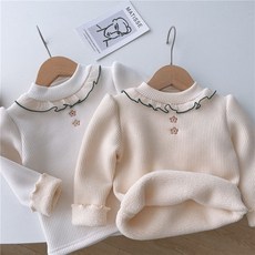 秋冬女童加絨袖子打底上衣，女寶寶木耳邊一體絨中高領繡花加絨洋氣打底衫