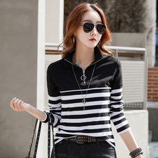 타임퓨어 간절기 여성 폴로 골프 긴팔티 슬림핏 지퍼 칼라긴팔 스트라이프 티셔츠 가을 95면티 여자 골프 상의 프리미엄원단