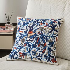 2025年新款 北歐風 刺繡動物 居家沙發靠墊 可拆洗抱枕 抱枕套, 鳳凰-藍,45*45cm抱枕套+枕頭芯