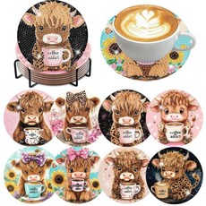 Mrpwnle 8팩 거북이 다이아몬드 아트 컵받침 키트 바다 거북 다이아몬드 페인팅 컵받침 키트 세트 홀더 코르크 패드 포함 DIY 다이아몬드 아트 미끄럼 방지 컵받침 공, Cute Cow Coasters