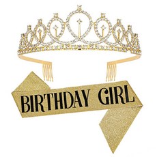 생일 어깨띠 + 티아라 왕관 세트 HG-19, 1세트, 골드 걸