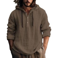 남성 린넨 가야베라 후드 셔츠 긴팔 캐주얼 버튼 다운 히피 V넥 여름 해변 상의, 커피색