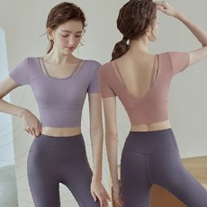 여성 요가복 반팔 크롭탑 패드내장 브라탑 헬스복 운동복 상의 스판 체형커버 피트니스 홈트레이닝 짐웨어