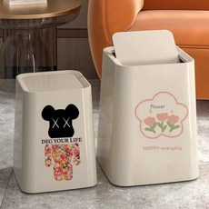 新款高顔值垃圾桶 ins網紅輕奢奶油風大號雙層搖蓋式家用垃圾桶, 1個, 特大號約16升,TNG果熊【方形/搖蓋款】三件套
