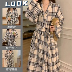法式格紋長袖睡袍 舒適休閒家居服