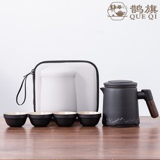 鵲旗精品便攜式旅行茶具 小套裝 高檔隨身戶外茶具 露營快客杯一壺四杯 泡茶壺kun, 木柄一壺四杯-黑, 1個