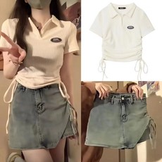 여름 여성투피스 여성세트 반팔티 + 청스커트 미니스커트 반팔 티셔츠 ZBW26022663 60