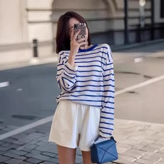 Yellwel 여성 여름 얇은 스트라이프 긴팔 니트 티셔츠 DJP