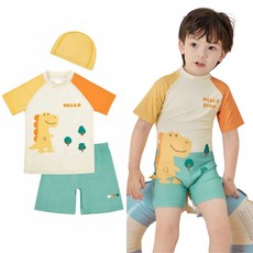 삐삐네옷가게 아동 수영복 헬로 다이노 알록달록 상하세트 + 수영모