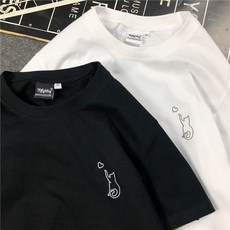 Myfighting 簡約線條貓咪情侶T恤 台灣製 貓手舉高碰心 日文貓線條 情侶裝 團體服, 黑衣貓舉手摸心,XM, 詳見包裝