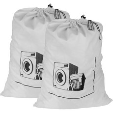 헤비듀티 폴리에스터 천탁 및 보관 가방 45x65cm - 끈 잠금 장식 재사용 가능한 드로스트링 백 더러운 옷 장난감 여행용 다목적 - 스토리지 오거나이저 빨래백, 2개, 화이트