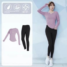 여성 대형 요가복 세트 봄 여름 운동복 러닝 피트니스, 1개, 퍼플 긴팔 + 블랙 바지