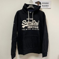 Superdry 連帽長袖帽T 鋪棉 冰灰/淺灰/黑色/白色, 1個, L , 黑X白 復古裂紋Logo