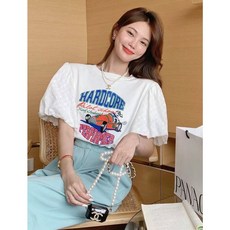 StephenieX 公主袖上衣 復古賽車圖案短袖T恤