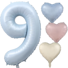 파파 파티 대형 하늘색 숫자 풍선 세트 기념일 생일, 1세트, 하늘 9 + 크림 하트 3p