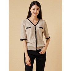 JAJU 오트밀 여 배색 반팔 가디건 J112404001_P383726296 549581