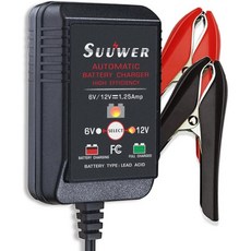 모터사이클 ATV 보트 잔디 깎는 기계 등을 위한 수치워 1.25암페어 트리클 배터리 충전기 6V/12V 완전 자동 스마트 유지 관리기, 6V/12V @ 1.25 AMP, 1개