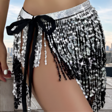 유니넬 스팽글술 시퀀 힙스카프 댄스복, 블랙앤화이트